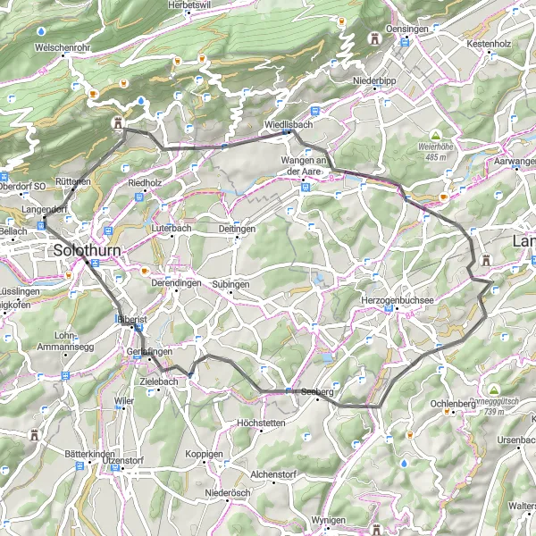 Miniatura della mappa di ispirazione al ciclismo "Tour in bicicletta tra Langendorf e Solothurn" nella regione di Espace Mittelland, Switzerland. Generata da Tarmacs.app, pianificatore di rotte ciclistiche