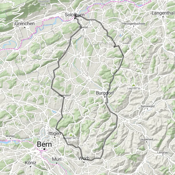 Miniature de la carte de l'inspiration cycliste "Boucle pittoresque de Burgdorf" dans la Espace Mittelland, Switzerland. Générée par le planificateur d'itinéraire cycliste Tarmacs.app
