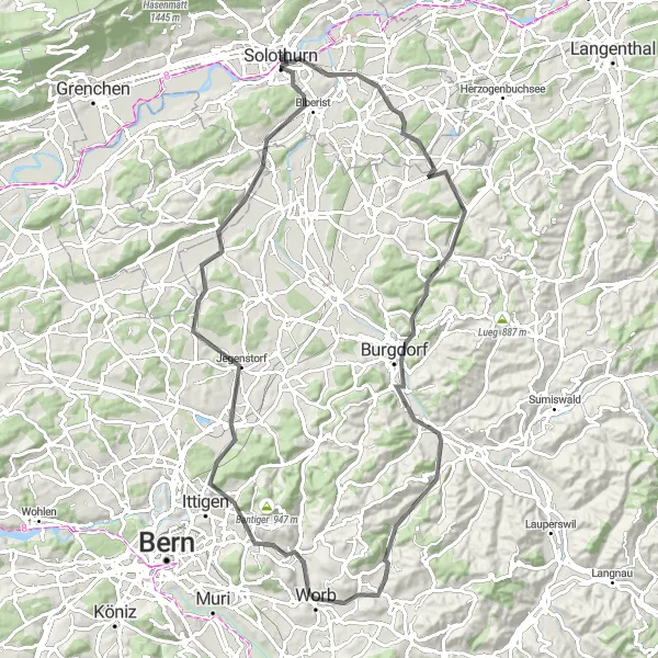 Miniaturekort af cykelinspirationen "Langendorf til Sommerhaus Vigier Road Cykeltur" i Espace Mittelland, Switzerland. Genereret af Tarmacs.app cykelruteplanlægger