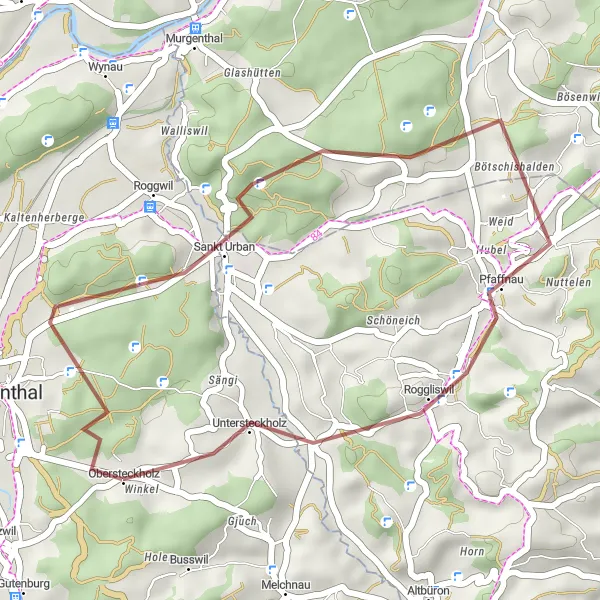 Miniature de la carte de l'inspiration cycliste "Exploration des sentiers gravel à proximité de Langenthal" dans la Espace Mittelland, Switzerland. Générée par le planificateur d'itinéraire cycliste Tarmacs.app