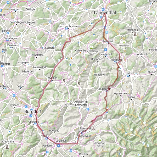 Zemljevid v pomanjšavi "Gravel Runda skozi Lotzwil in Bleienbach" kolesarske inspiracije v Espace Mittelland, Switzerland. Generirano z načrtovalcem kolesarskih poti Tarmacs.app
