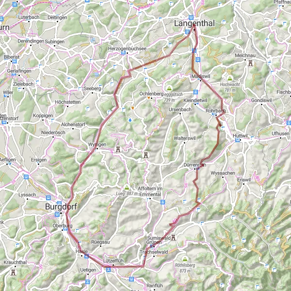 Kartminiatyr av "Grusveier i Espace Mittelland" sykkelinspirasjon i Espace Mittelland, Switzerland. Generert av Tarmacs.app sykkelrutoplanlegger