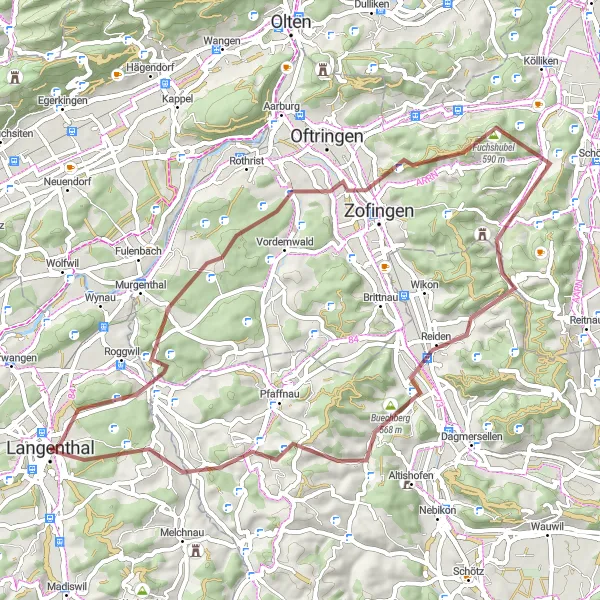 Map miniature of "Zofingen Gravel Adventure" cycling inspiration in Espace Mittelland, Switzerland. Generated by Tarmacs.app cycling route planner