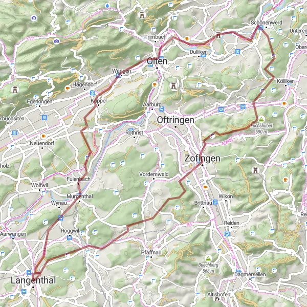 Miniaturní mapa "Murgenthal - Niedergösgen Circuit" inspirace pro cyklisty v oblasti Espace Mittelland, Switzerland. Vytvořeno pomocí plánovače tras Tarmacs.app