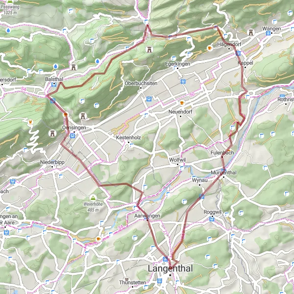 Kartminiatyr av "Oppdag Murgenthal og Lehnflue på grusveier" sykkelinspirasjon i Espace Mittelland, Switzerland. Generert av Tarmacs.app sykkelrutoplanlegger