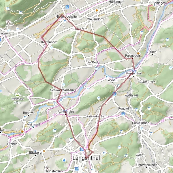 Miniatua del mapa de inspiración ciclista "Ruta de Grava desde Langenthal" en Espace Mittelland, Switzerland. Generado por Tarmacs.app planificador de rutas ciclistas