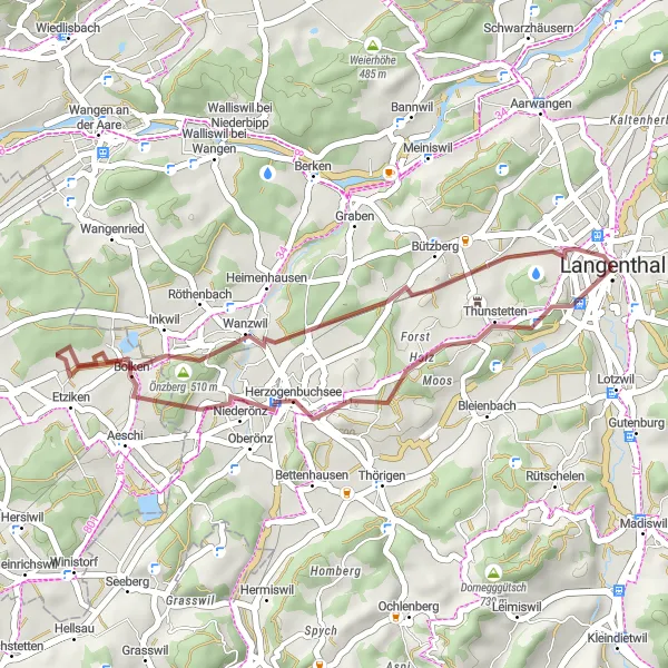 Miniatura della mappa di ispirazione al ciclismo "Giro in bicicletta intorno a Langenthal" nella regione di Espace Mittelland, Switzerland. Generata da Tarmacs.app, pianificatore di rotte ciclistiche