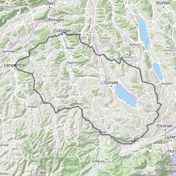 Zemljevid v pomanjšavi "Dolga cestna kolesarska tura iz Langenthala" kolesarske inspiracije v Espace Mittelland, Switzerland. Generirano z načrtovalcem kolesarskih poti Tarmacs.app