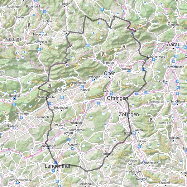 Zemljevid v pomanjšavi "Izzivalna cestna pot s postanki v Zofingenu in Roggliswil" kolesarske inspiracije v Espace Mittelland, Switzerland. Generirano z načrtovalcem kolesarskih poti Tarmacs.app