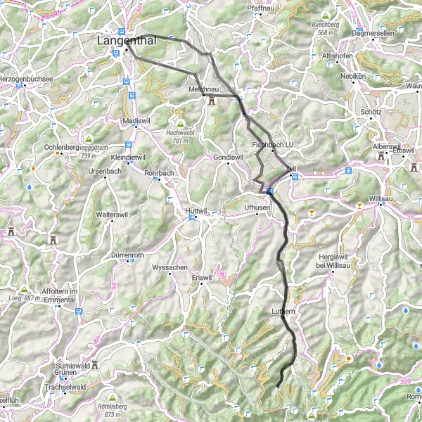Map miniature of "Langenthal to Ämmehorn Road Route" cycling inspiration in Espace Mittelland, Switzerland. Generated by Tarmacs.app cycling route planner