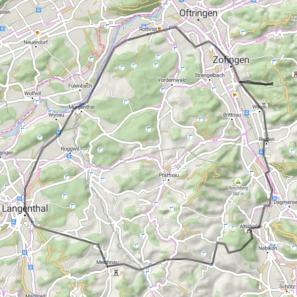 Mapa miniatúra "Trasa cez Rothrist a Alpenzeiger" cyklistická inšpirácia v Espace Mittelland, Switzerland. Vygenerované cyklistickým plánovačom trás Tarmacs.app