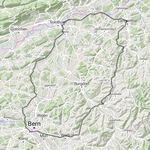 Kartminiatyr av "Utforsk Muri og Münchenbuchsee" sykkelinspirasjon i Espace Mittelland, Switzerland. Generert av Tarmacs.app sykkelrutoplanlegger