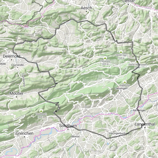 Mapa miniatúra "Cyklotúra okolo Langenthala" cyklistická inšpirácia v Espace Mittelland, Switzerland. Vygenerované cyklistickým plánovačom trás Tarmacs.app