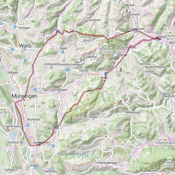 Miniaturekort af cykelinspirationen "Gravel Cykelrute til Arni" i Espace Mittelland, Switzerland. Genereret af Tarmacs.app cykelruteplanlægger
