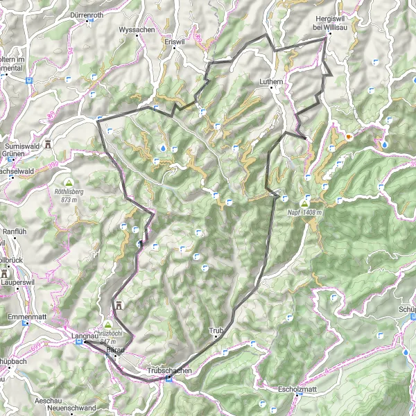 Miniatua del mapa de inspiración ciclista "Ruta de ciclismo de carretera desde Langnau a Trubschachen" en Espace Mittelland, Switzerland. Generado por Tarmacs.app planificador de rutas ciclistas