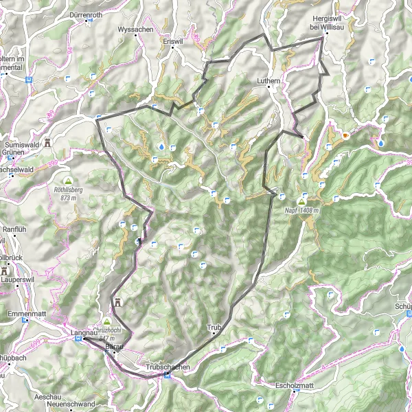 Karttaminiaatyyri "Langnau - Trubschachen Loop" pyöräilyinspiraatiosta alueella Espace Mittelland, Switzerland. Luotu Tarmacs.app pyöräilyreittisuunnittelijalla