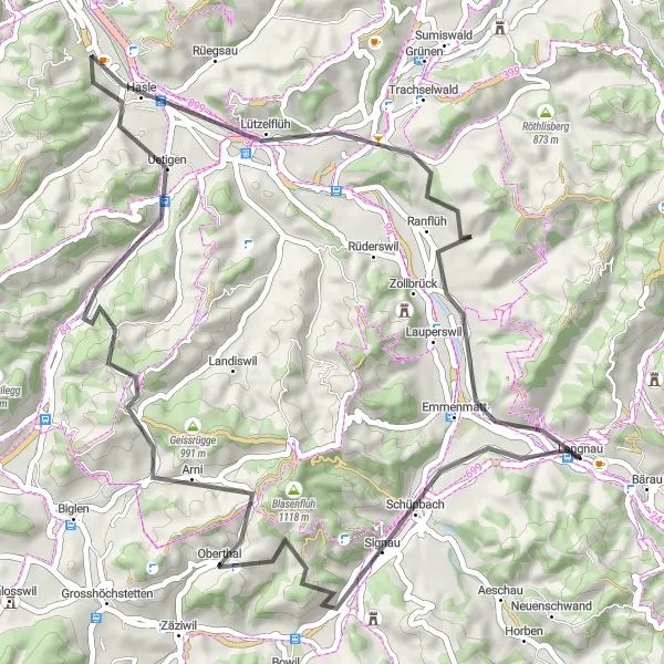 Karttaminiaatyyri "Vuorten ja laaksojen kierros" pyöräilyinspiraatiosta alueella Espace Mittelland, Switzerland. Luotu Tarmacs.app pyöräilyreittisuunnittelijalla
