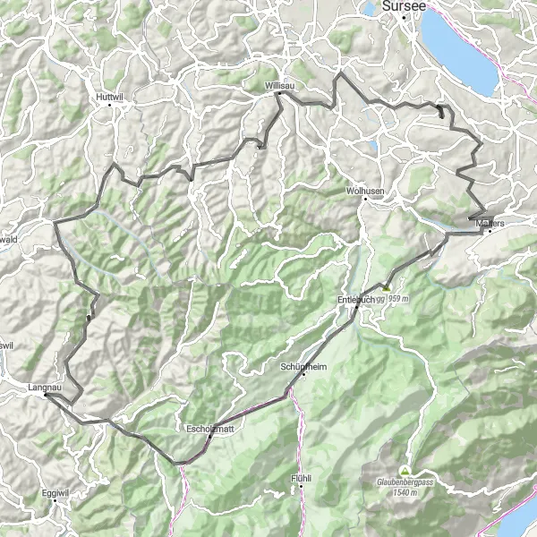 Miniatua del mapa de inspiración ciclista "Desafío en Carretera de Langnau a Altenei" en Espace Mittelland, Switzerland. Generado por Tarmacs.app planificador de rutas ciclistas