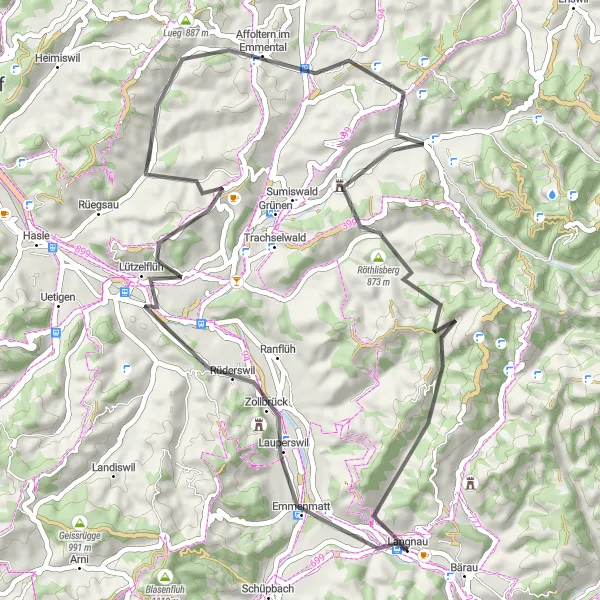Miniature de la carte de l'inspiration cycliste "Tour du Château à Langnau" dans la Espace Mittelland, Switzerland. Générée par le planificateur d'itinéraire cycliste Tarmacs.app