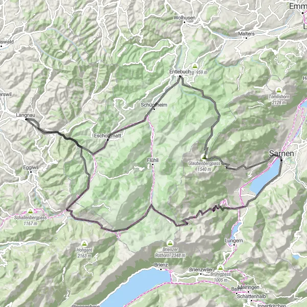 Zemljevid v pomanjšavi "Kolesarska tura Langnau - Giswil - Langnau" kolesarske inspiracije v Espace Mittelland, Switzerland. Generirano z načrtovalcem kolesarskih poti Tarmacs.app