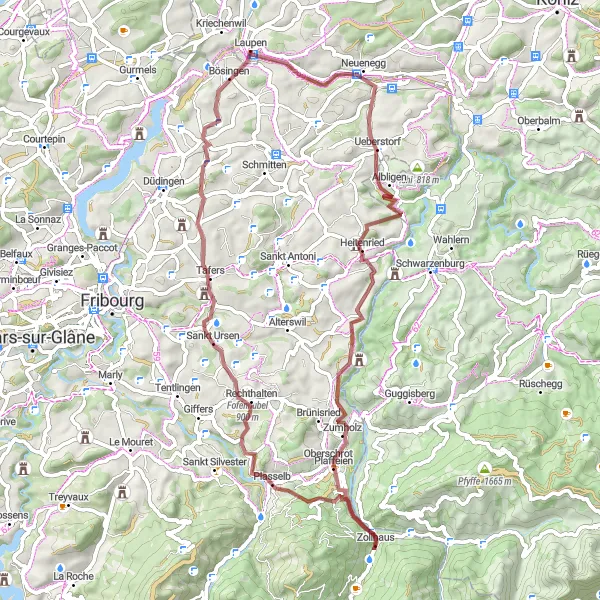 Zemljevid v pomanjšavi "Raznolika gravel vožnja blizu Laupna" kolesarske inspiracije v Espace Mittelland, Switzerland. Generirano z načrtovalcem kolesarskih poti Tarmacs.app