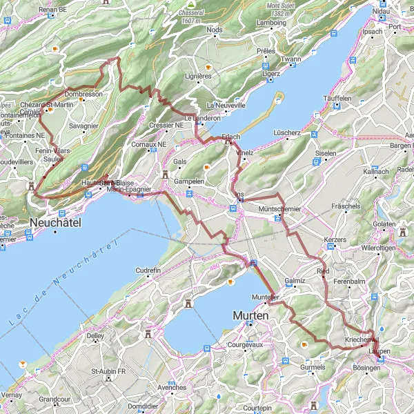 Miniatura della mappa di ispirazione al ciclismo "Tour in bicicletta del Mont Vully" nella regione di Espace Mittelland, Switzerland. Generata da Tarmacs.app, pianificatore di rotte ciclistiche