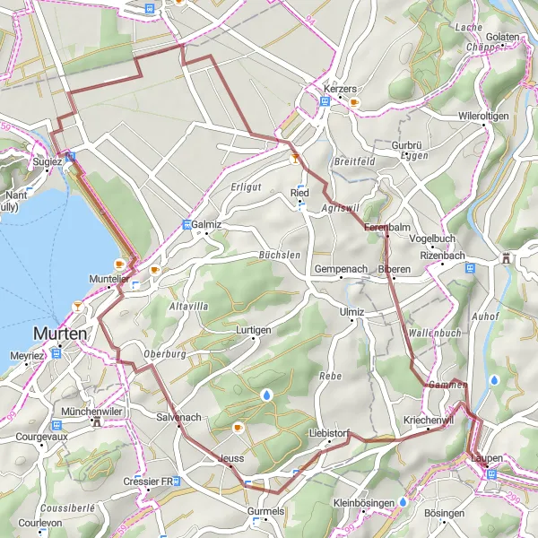 Mapa miniatúra "Gravelová trasa okolo Laupen" cyklistická inšpirácia v Espace Mittelland, Switzerland. Vygenerované cyklistickým plánovačom trás Tarmacs.app