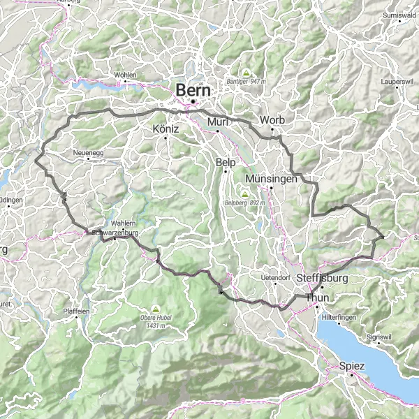 Karten-Miniaturansicht der Radinspiration "Panorama Tour Laupen - Steffisburg" in Espace Mittelland, Switzerland. Erstellt vom Tarmacs.app-Routenplaner für Radtouren