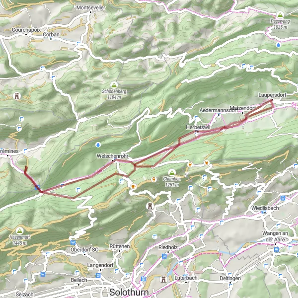 Zemljevid v pomanjšavi "Scenic gravel ride near Laupersdorf" kolesarske inspiracije v Espace Mittelland, Switzerland. Generirano z načrtovalcem kolesarskih poti Tarmacs.app