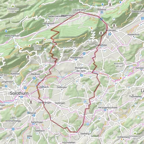 Miniatura della mappa di ispirazione al ciclismo "Giro in Gravel a Laupersdorf" nella regione di Espace Mittelland, Switzerland. Generata da Tarmacs.app, pianificatore di rotte ciclistiche