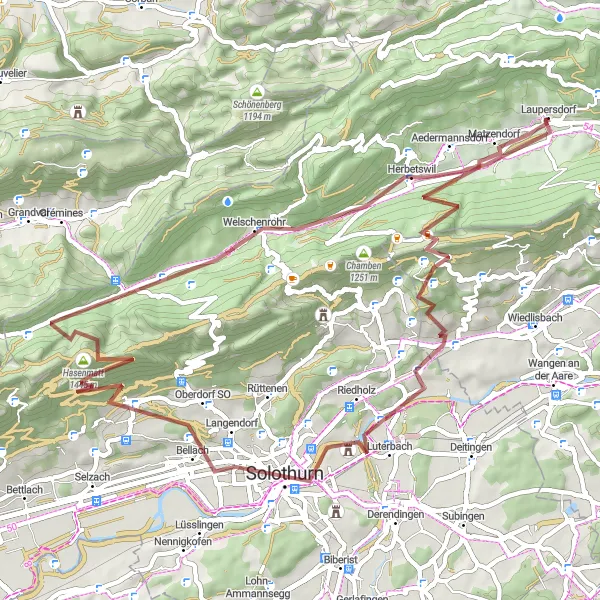 Miniatuurkaart van de fietsinspiratie "Route 175898 - Avontuurlijke gravelrit" in Espace Mittelland, Switzerland. Gemaakt door de Tarmacs.app fietsrouteplanner