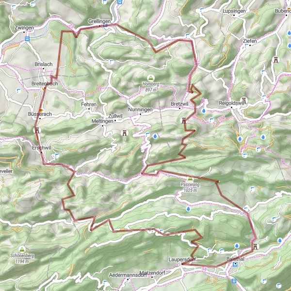 Miniatura della mappa di ispirazione al ciclismo "Avventura in mountain bike attraverso Laupersdorf" nella regione di Espace Mittelland, Switzerland. Generata da Tarmacs.app, pianificatore di rotte ciclistiche