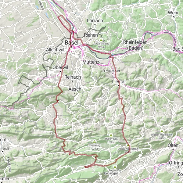 Kartminiatyr av "Utfordrende grusrute til Basel via Liestal" sykkelinspirasjon i Espace Mittelland, Switzerland. Generert av Tarmacs.app sykkelrutoplanlegger