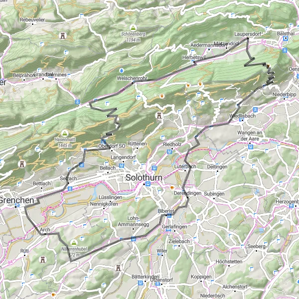 Miniaturní mapa "Cyklotrasa z Laupersdorfu: Okruh s výhledy na Lesní hory" inspirace pro cyklisty v oblasti Espace Mittelland, Switzerland. Vytvořeno pomocí plánovače tras Tarmacs.app