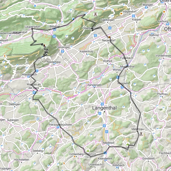 Map miniature of "Serene Countryside and Charming Villages" cycling inspiration in Espace Mittelland, Switzerland. Generated by Tarmacs.app cycling route planner