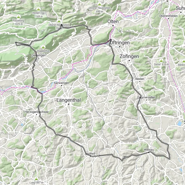 Miniaturekort af cykelinspirationen "Road trip gennem historien" i Espace Mittelland, Switzerland. Genereret af Tarmacs.app cykelruteplanlægger