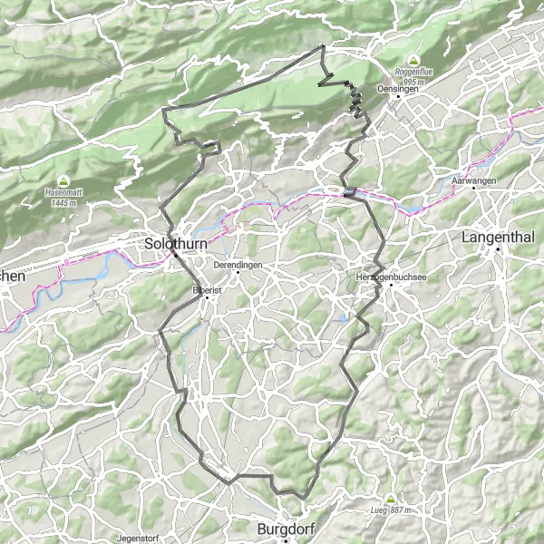 Kartminiatyr av "Road Ride through Ersigen and Solothurn" cykelinspiration i Espace Mittelland, Switzerland. Genererad av Tarmacs.app cykelruttplanerare