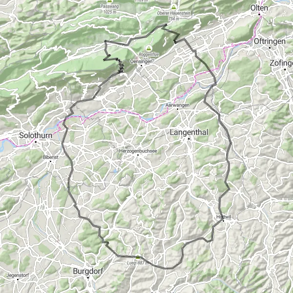Mapa miniatúra "Road cyklistická cesta cez scenicke výhľady" cyklistická inšpirácia v Espace Mittelland, Switzerland. Vygenerované cyklistickým plánovačom trás Tarmacs.app