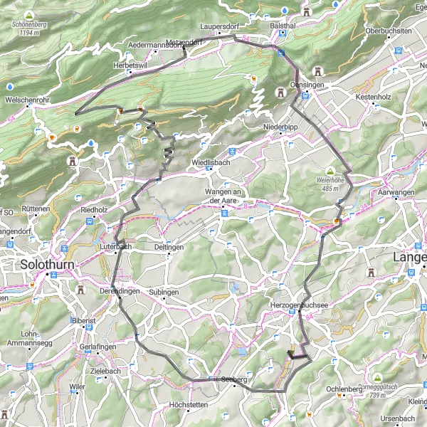 Karten-Miniaturansicht der Radinspiration "Kleine Radrunde durch die Region Laupersdorf" in Espace Mittelland, Switzerland. Erstellt vom Tarmacs.app-Routenplaner für Radtouren