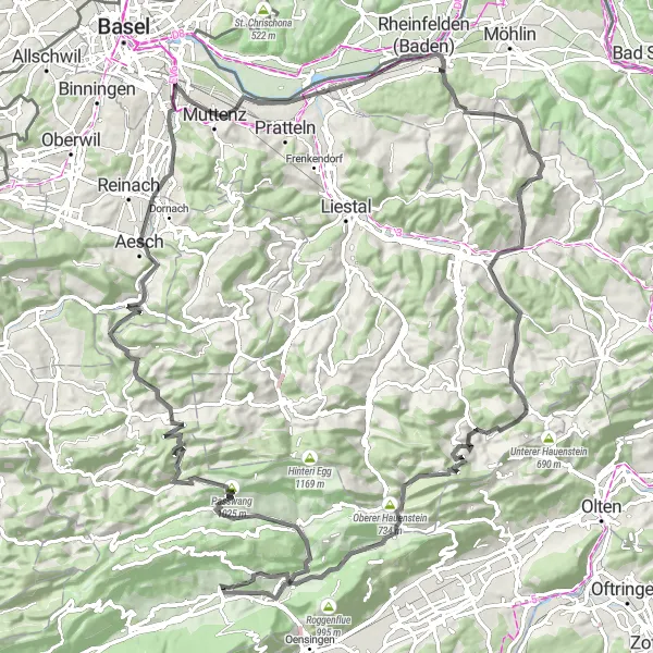 Map miniature of "The Jura Ridge Loop" cycling inspiration in Espace Mittelland, Switzerland. Generated by Tarmacs.app cycling route planner