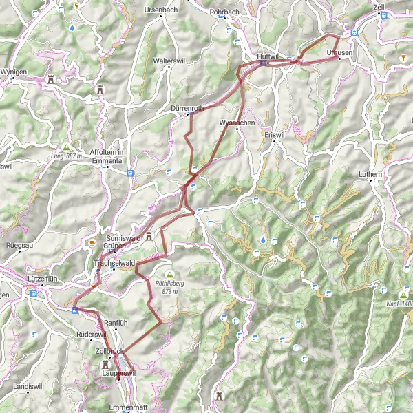 Kartminiatyr av "Upplev landskapet kring Sumiswald och Röthlisberg" cykelinspiration i Espace Mittelland, Switzerland. Genererad av Tarmacs.app cykelruttplanerare