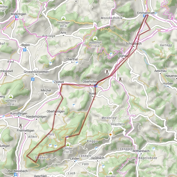 Mapa miniatúra "Trasa okolo Bowil - Spitze Chnubel" cyklistická inšpirácia v Espace Mittelland, Switzerland. Vygenerované cyklistickým plánovačom trás Tarmacs.app