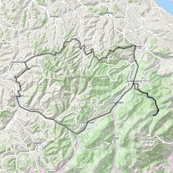 Zemljevid v pomanjšavi "Dolga cestna kolesarska pot v Espace Mittelland" kolesarske inspiracije v Espace Mittelland, Switzerland. Generirano z načrtovalcem kolesarskih poti Tarmacs.app