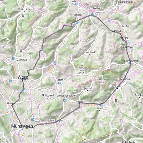 Miniatura della mappa di ispirazione al ciclismo "Giro in bicicletta da Lauperswil a Lützelflüh e ritorno" nella regione di Espace Mittelland, Switzerland. Generata da Tarmacs.app, pianificatore di rotte ciclistiche