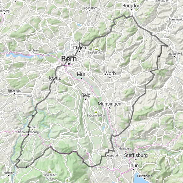 Miniatura mapy "Wielka przejażdżka rowerowa przez Blasenfluh i Schwarzenburg" - trasy rowerowej w Espace Mittelland, Switzerland. Wygenerowane przez planer tras rowerowych Tarmacs.app