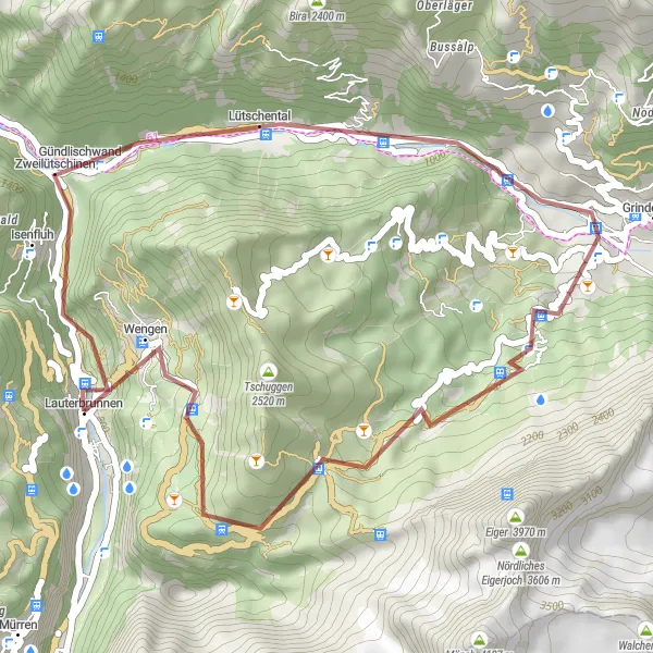 Zemljevid v pomanjšavi "Gorska pot med Lauterbrunnenom in Lütschentalom" kolesarske inspiracije v Espace Mittelland, Switzerland. Generirano z načrtovalcem kolesarskih poti Tarmacs.app