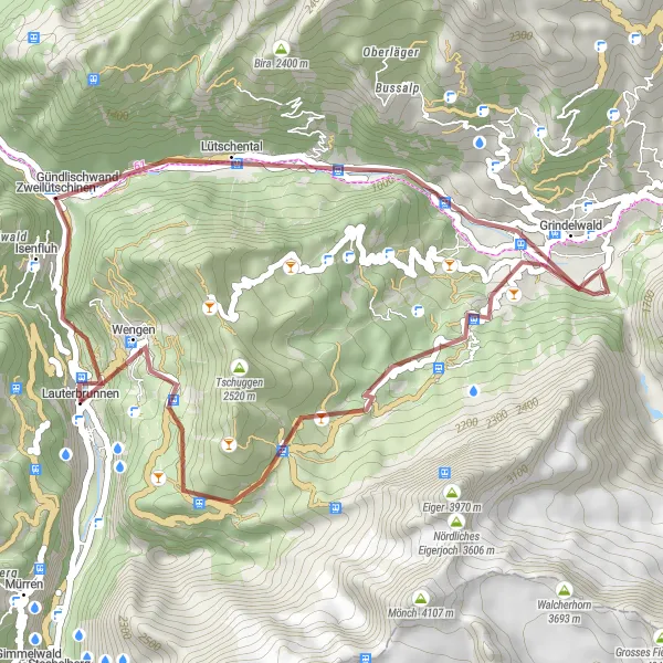 Miniatura della mappa di ispirazione al ciclismo "Gravel da Gündlischwand a Staubbachfall" nella regione di Espace Mittelland, Switzerland. Generata da Tarmacs.app, pianificatore di rotte ciclistiche