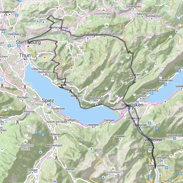Miniatua del mapa de inspiración ciclista "Desafío en carretera de Lauterbrunnen a Interlaken y más allá" en Espace Mittelland, Switzerland. Generado por Tarmacs.app planificador de rutas ciclistas