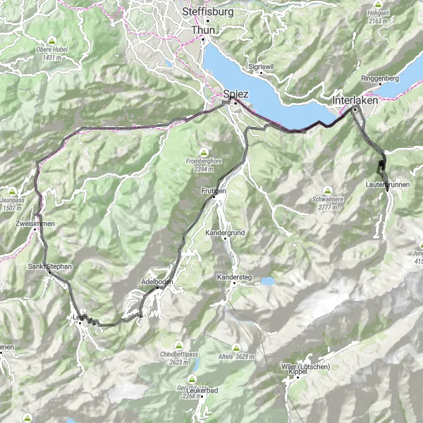 Miniatua del mapa de inspiración ciclista "Desafío en carretera desde Staubbachfall a Interlaken y más allá" en Espace Mittelland, Switzerland. Generado por Tarmacs.app planificador de rutas ciclistas