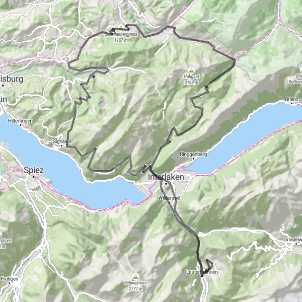 Zemljevid v pomanjšavi "Cestna dogodivščina v okolici Lauterbrunnena" kolesarske inspiracije v Espace Mittelland, Switzerland. Generirano z načrtovalcem kolesarskih poti Tarmacs.app